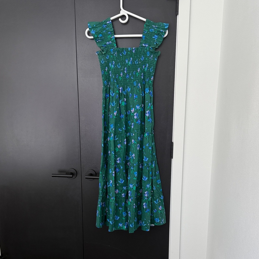 Hill House Green Floral Smocked Maxi Dress with Blue Accents